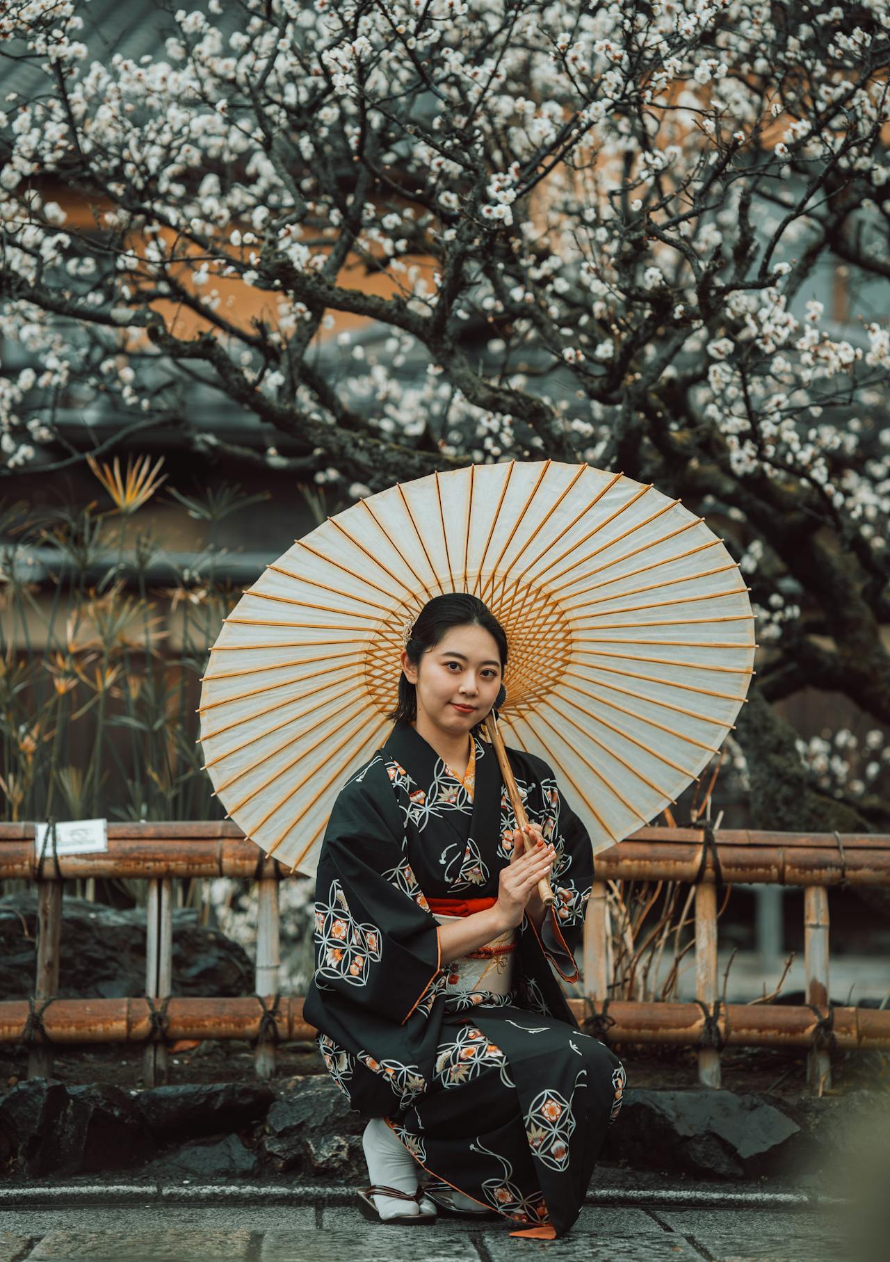 Traditional Kimono Woman in Kyoto Garden
